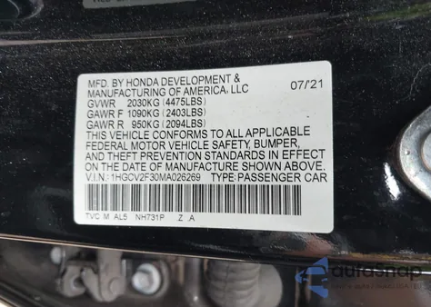 2021 Honda Accord Sport 2.0T из США, поврежденный, VIN 1HGCV2F30MA026269